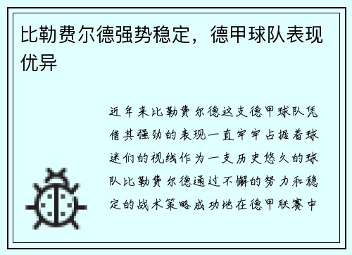 比勒费尔德强势稳定，德甲球队表现优异