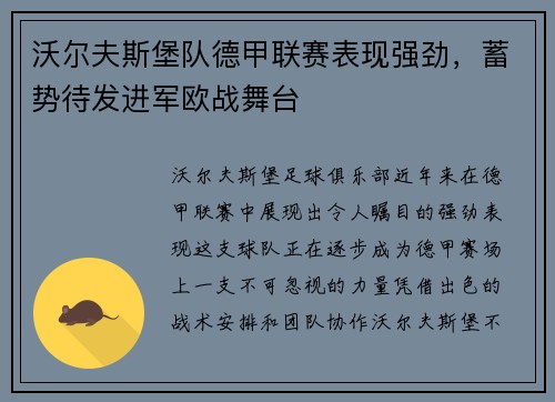 沃尔夫斯堡队德甲联赛表现强劲，蓄势待发进军欧战舞台