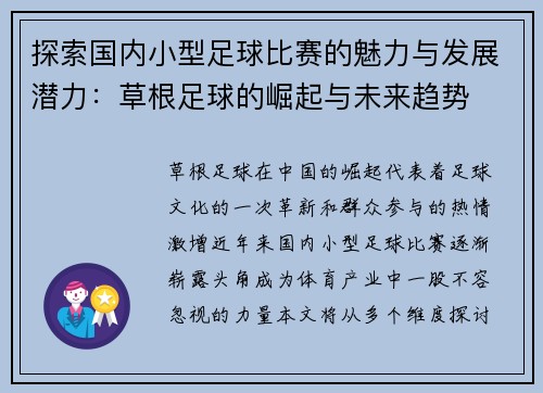 探索国内小型足球比赛的魅力与发展潜力：草根足球的崛起与未来趋势