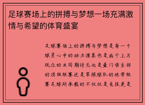 足球赛场上的拼搏与梦想一场充满激情与希望的体育盛宴