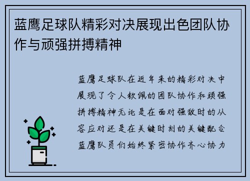 蓝鹰足球队精彩对决展现出色团队协作与顽强拼搏精神