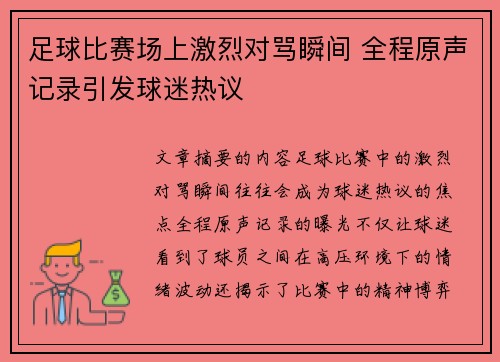 足球比赛场上激烈对骂瞬间 全程原声记录引发球迷热议
