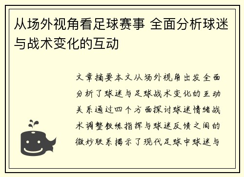 从场外视角看足球赛事 全面分析球迷与战术变化的互动