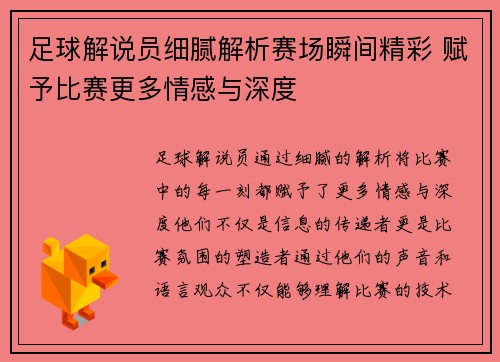 足球解说员细腻解析赛场瞬间精彩 赋予比赛更多情感与深度