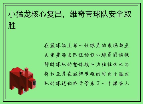 小猛龙核心复出，维奇带球队安全取胜