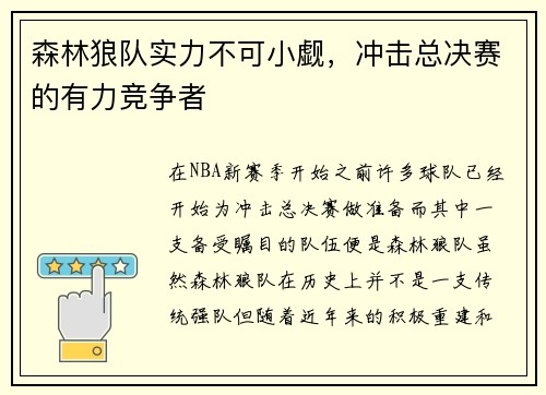森林狼队实力不可小觑，冲击总决赛的有力竞争者