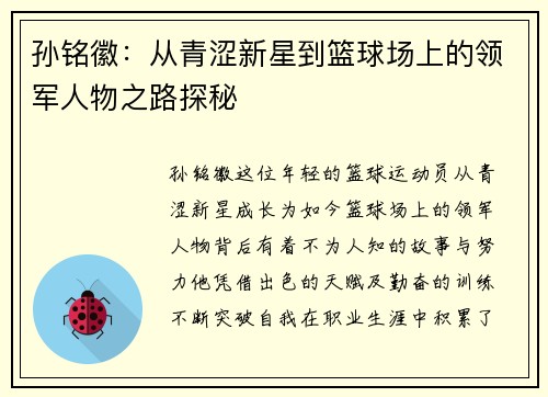 孙铭徽：从青涩新星到篮球场上的领军人物之路探秘