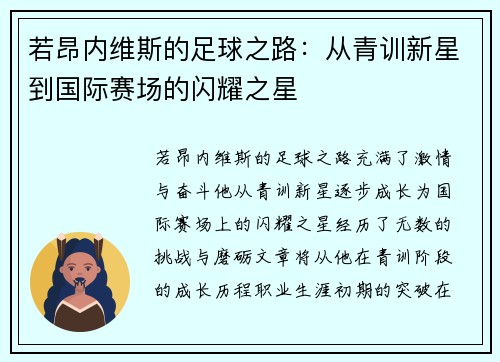 若昂内维斯的足球之路：从青训新星到国际赛场的闪耀之星