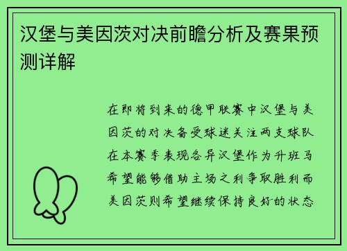 汉堡与美因茨对决前瞻分析及赛果预测详解