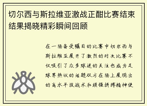 切尔西与斯拉维亚激战正酣比赛结束结果揭晓精彩瞬间回顾