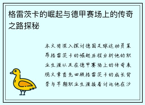 格雷茨卡的崛起与德甲赛场上的传奇之路探秘
