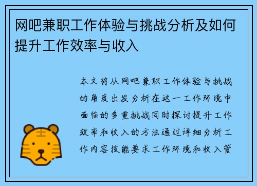 网吧兼职工作体验与挑战分析及如何提升工作效率与收入